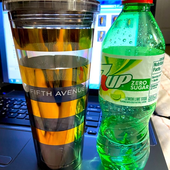 Saks 5TH Avenue Metallic Black and Gold Striped Tumbler with 2 Straws. - Picture 3 of 5